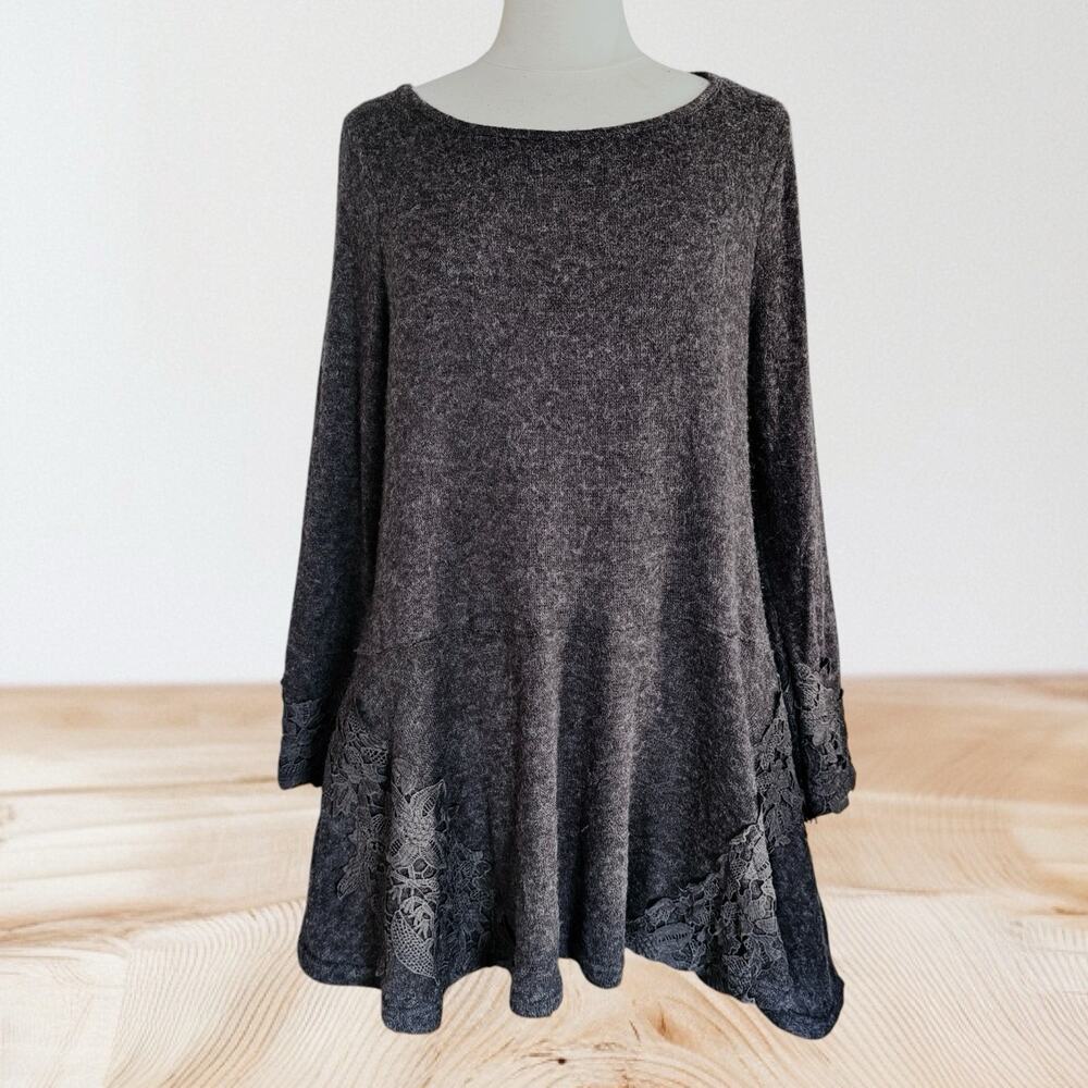 Entro Sweater Tunic Dress Sz M Chunky Lace Trim Long Sleeve Tier Bark‎ Color